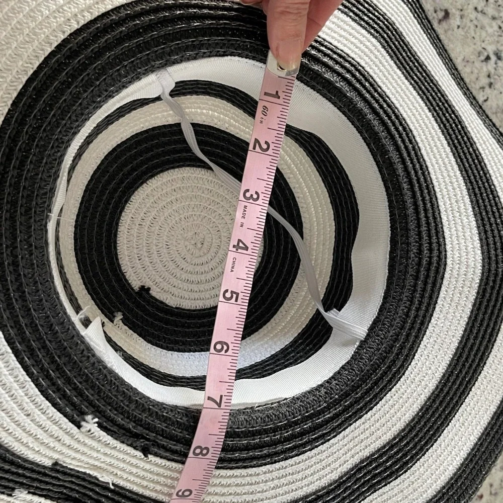 Womens Black White Striped Wide Brim Sun‎ Hat Beach Vacation Floppy